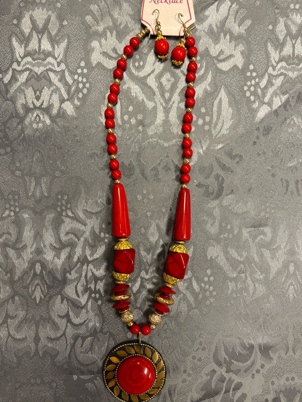 Red and Gold Beaded Pendant Necklace with Matching Earrings Set from India